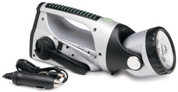 RoadPro Spin Charge LED Flashlight with FM Radio and 12-Volt
